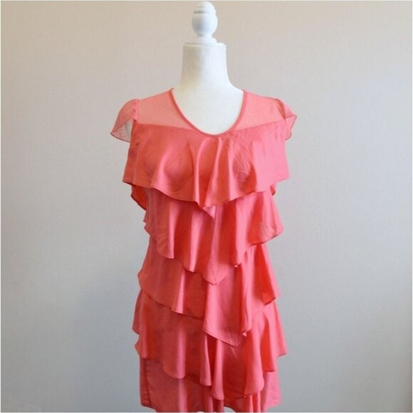 BCBGMaxAzria ✦ Coral Pink Tiered Dress ✦ Mesh Puff Sleeves Ruffle Layers V-Neck - Picture 2 of 7